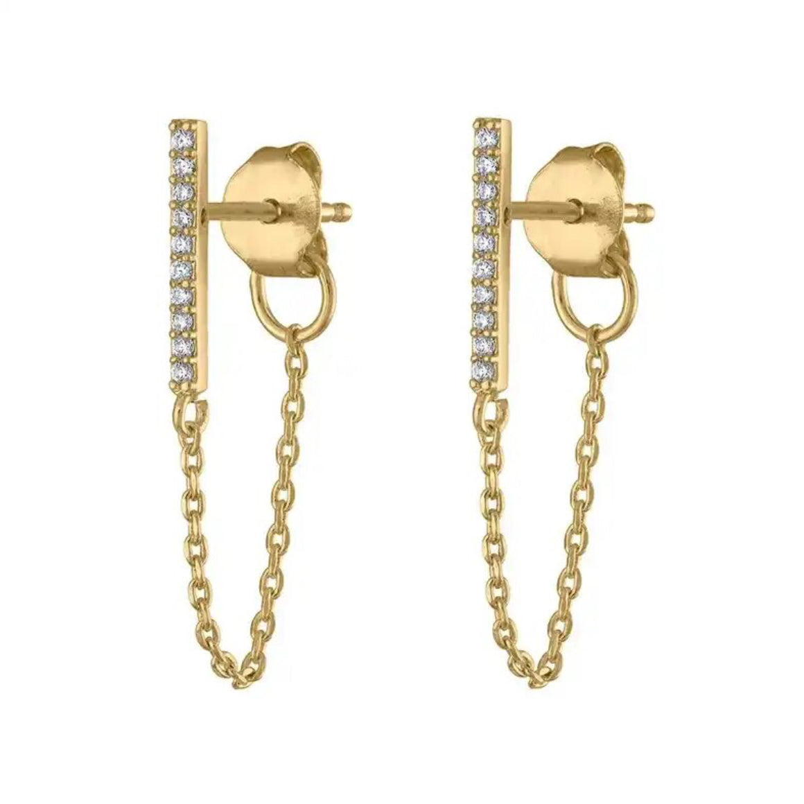 Pair of gold-plated bar stud earrings set with a row of zirconia stones, each with a chain draping down to a clasp, on a white background - Let's Jam jewellery collection