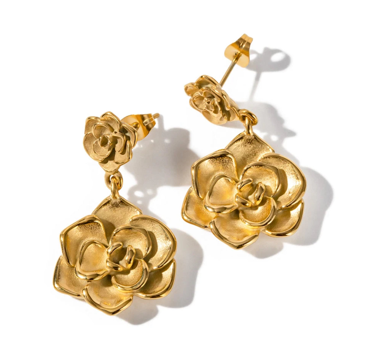 Gold-plated stainless steel double flower drop earrings shown as a pair - Let's Jam, Camden Town London