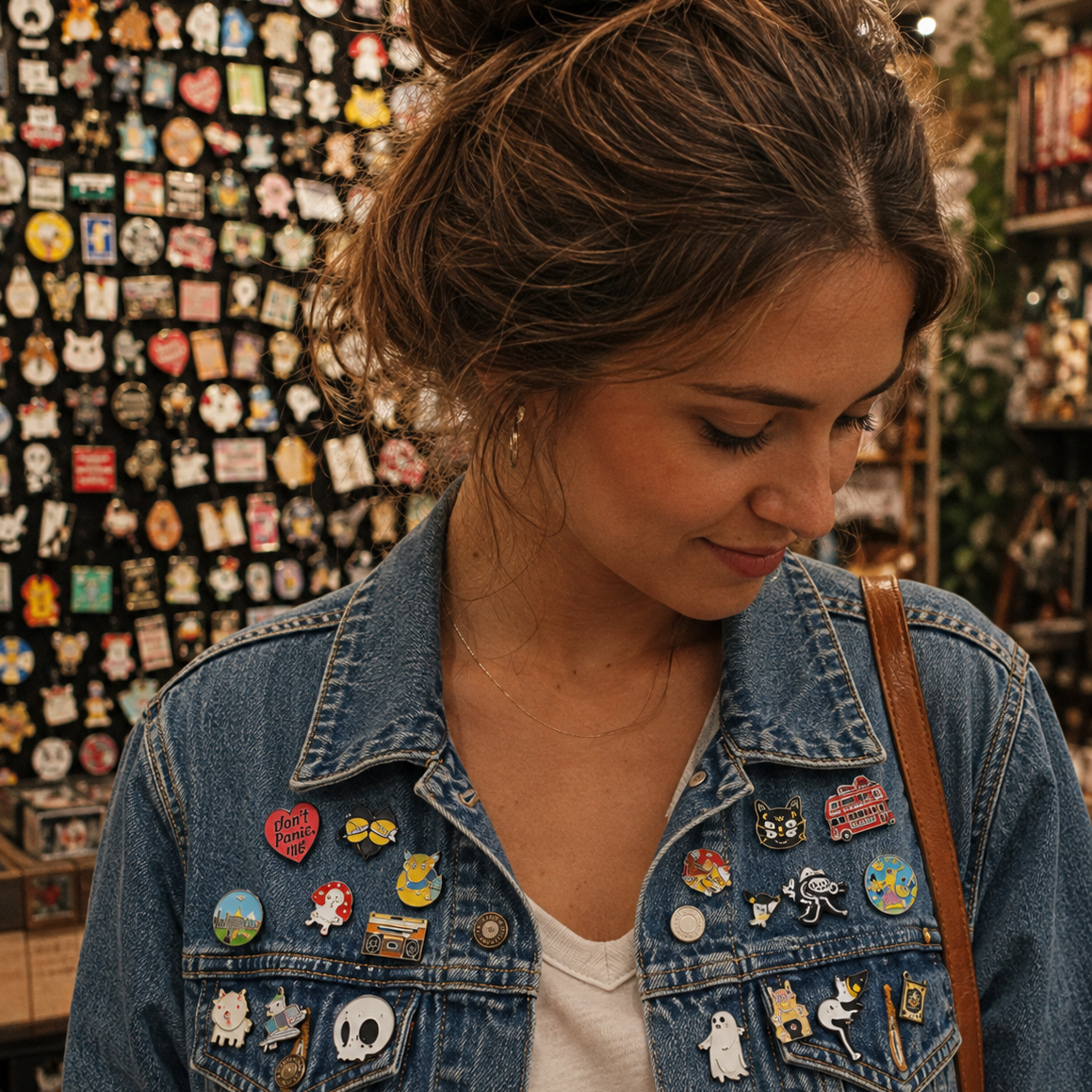Woman in a denim jacket covered in enamel pins, in front of a wall of pins - Let's Jam, Camden Market London