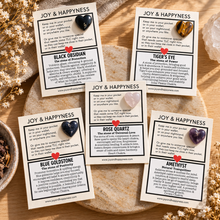 Load image into Gallery viewer, Five tiny crystal heart cards - black obsidian, tiger's eye, blue goldstone, rose quartz and amethyst - Let's Jam, Camden Town, London
