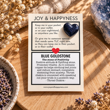 Load image into Gallery viewer, Blue goldstone tiny heart crystal with sparkling flecks on its card - Let's Jam, Camden Town, London
