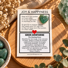 Load image into Gallery viewer, Green aventurine tiny heart crystal on its Joy &amp; Happyness card - Let's Jam, Camden Market, London

