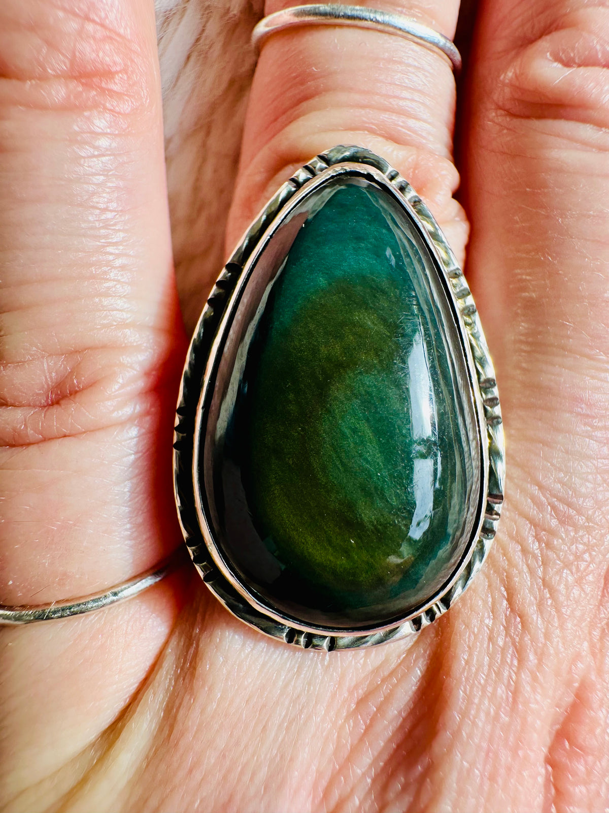 Teardrop black cat's eye scapolite gemstone in a textured silver band - Let's Jam handmade jewellery, Camden Market