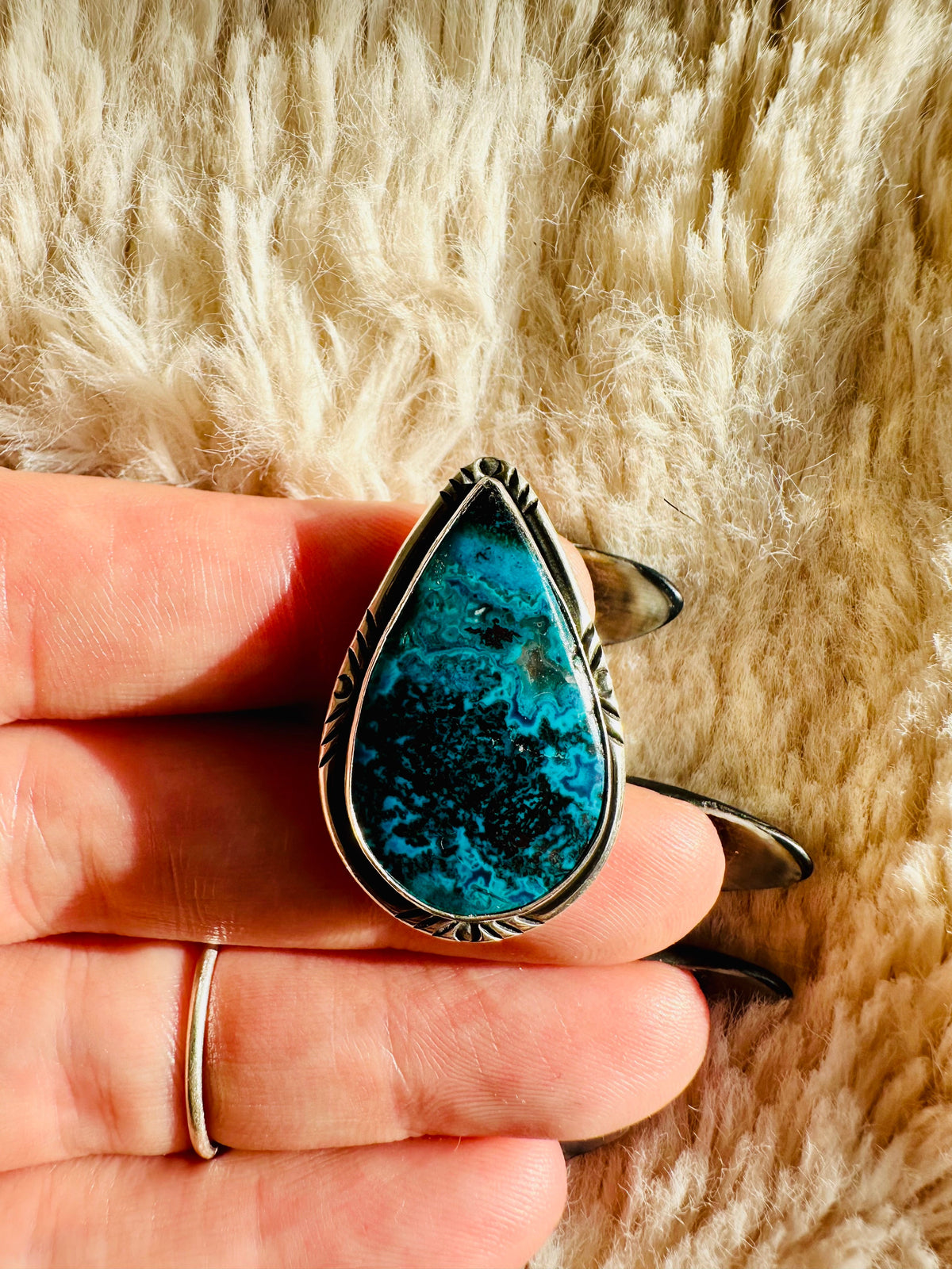 Handmade 925 sterling silver ring with a teardrop chrysocolla cabochon showing deep blue matrix patterning, etched silver bezel, one-of-a-kind gemstone ring - Let's Jam jewellery collection