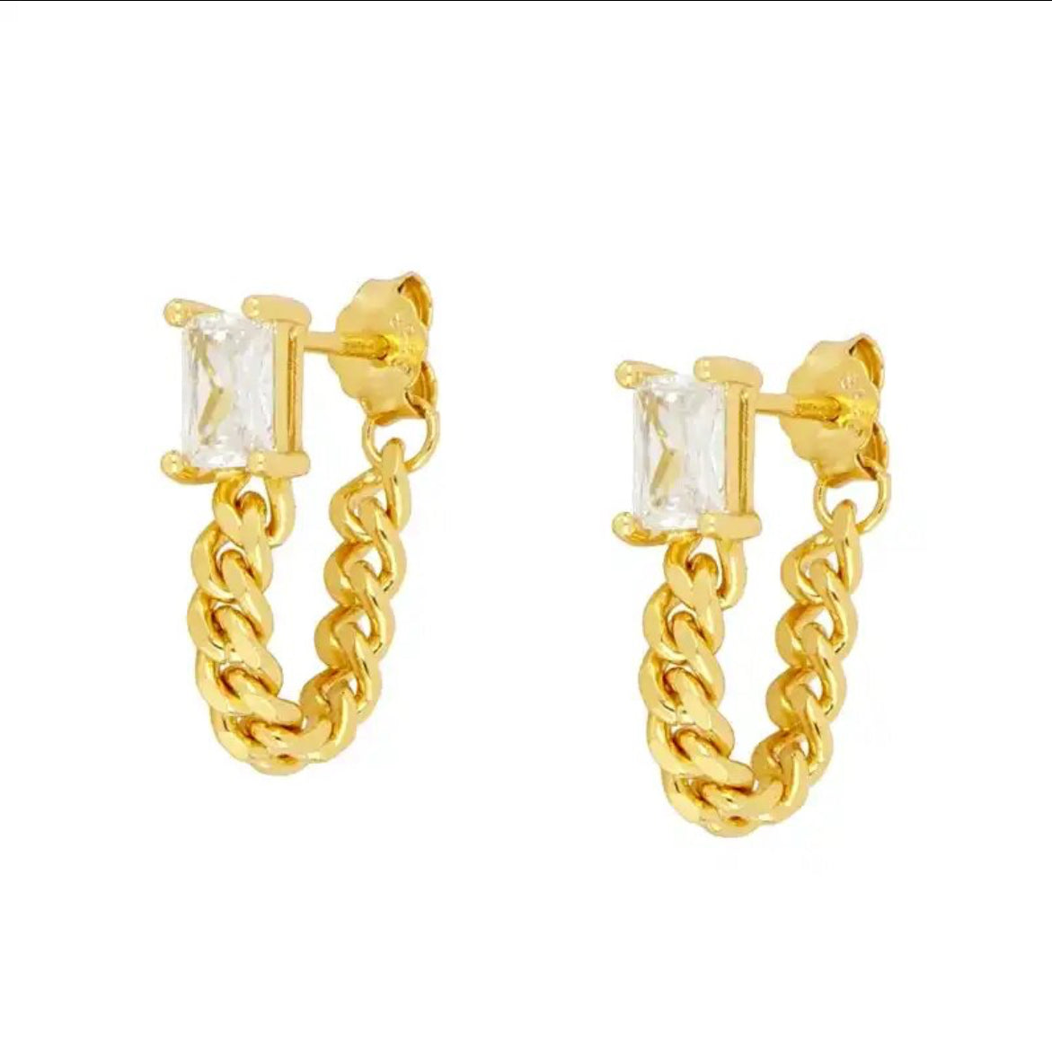 Close-up of the chunky curb chain loop on a rectangular stud earring - Let's Jam jewellery, Camden Market