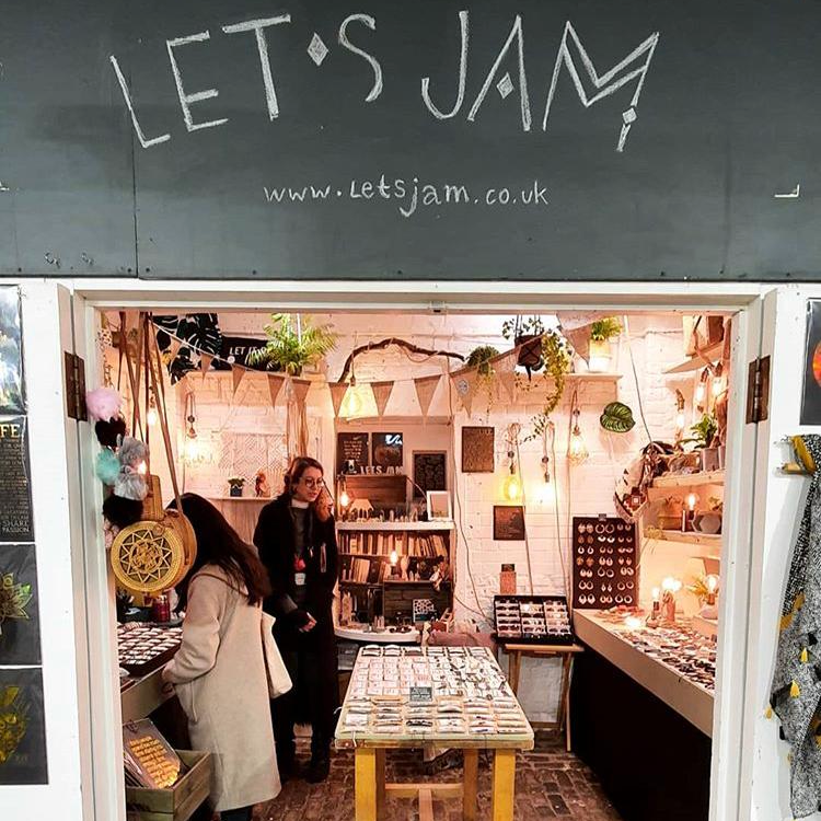 The shop front of Unit L3 with the chalkboard sign - Let's Jam, Camden Town