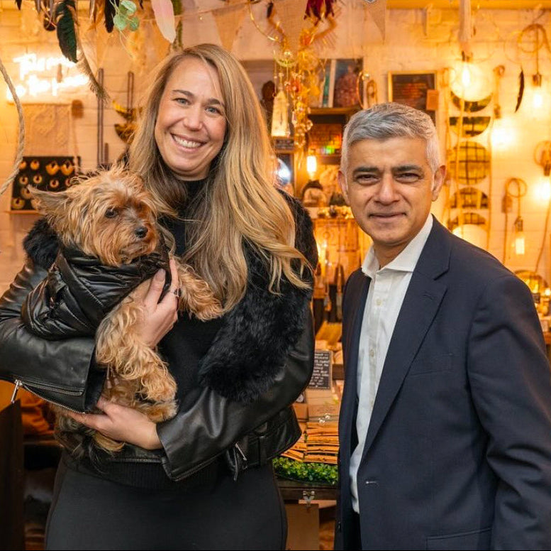 Mr Mayor of London Sadiq Khan and founder of Let's jam Laetitia Dupont with Happy the Yorkshire Terrier