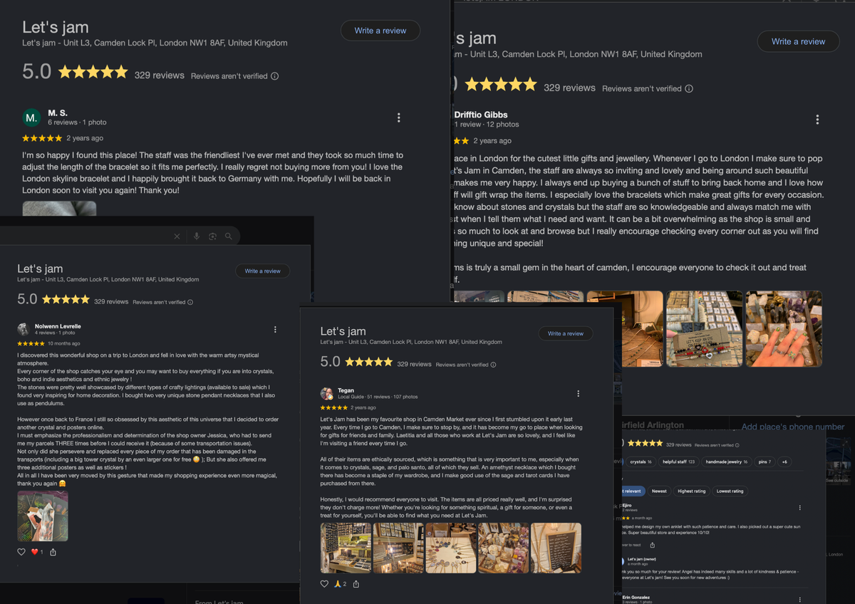 Collage of five-star Google reviews for the shop - Let's Jam, Camden Town