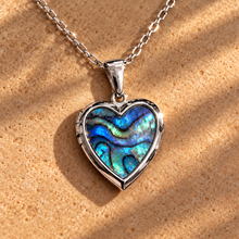 Load image into Gallery viewer, Silver heart locket set with blue and green abalone shell - Let's Jam, Camden Town London
