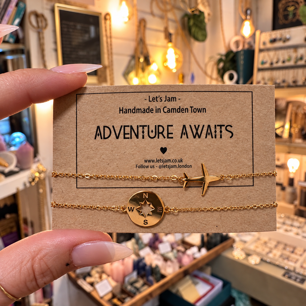 Adventure Awaits matching bracelets with a plane and compass charm on their gift card - Let's Jam, Camden Market London