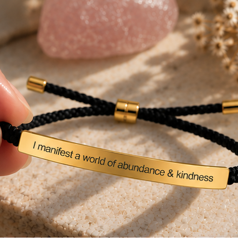 Hand holding a black cord bracelet with a gold engraved bar - Let's Jam jewellery, Camden Market London