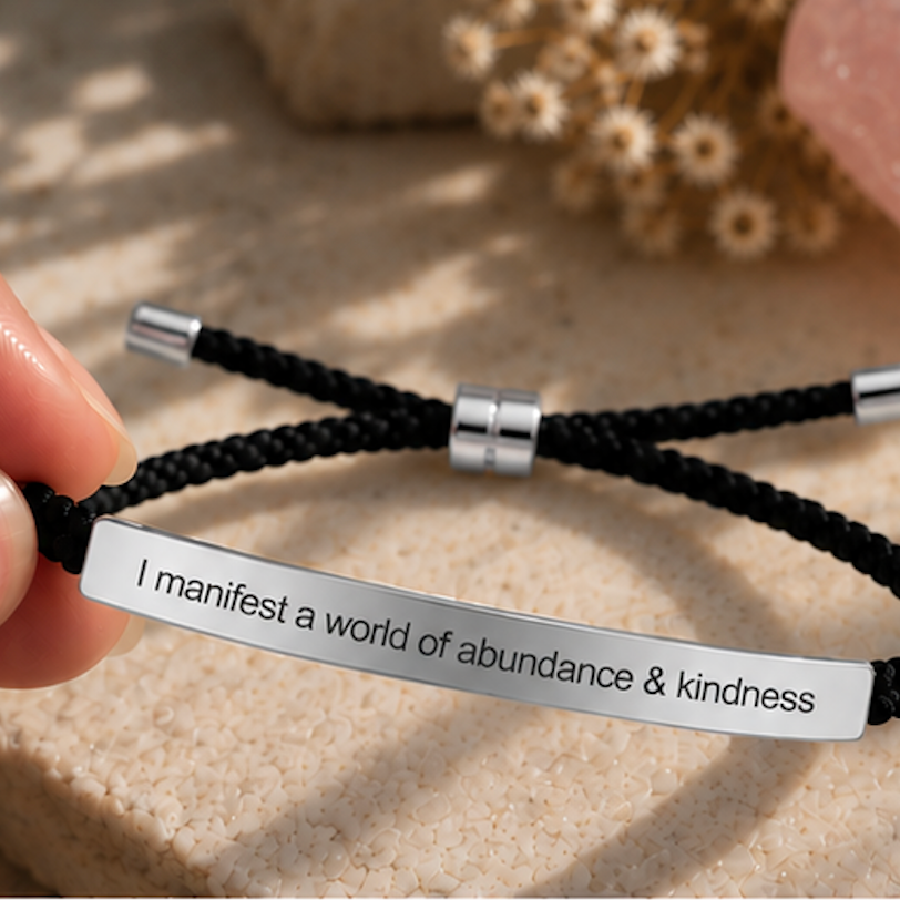 Black cord bracelet with a silver engraved plate on a stone surface - Let's Jam jewellery, Camden Market, London