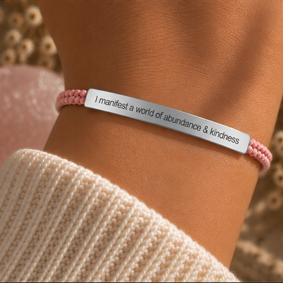 Pink braided bracelet with a silver engraved plate, worn with a knit jumper - Let's Jam, Camden Town London