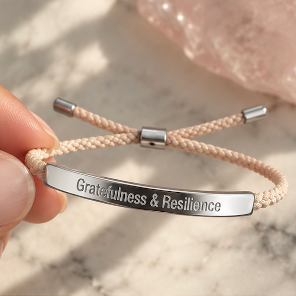 Hand holding a beige cord bracelet with a polished silver engraved bar - Let's Jam jewellery, Camden Market London