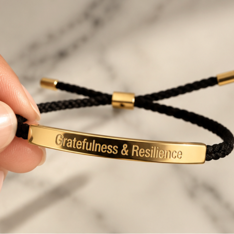 Hand holding a black cord bracelet with a gold Gratefulness and Resilience bar - Let's Jam, Camden Market London