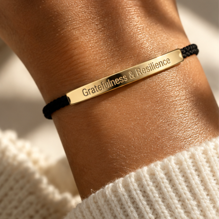 Black cord bracelet with a gold engraved bar in warm sunlight - Let's Jam, Camden Market