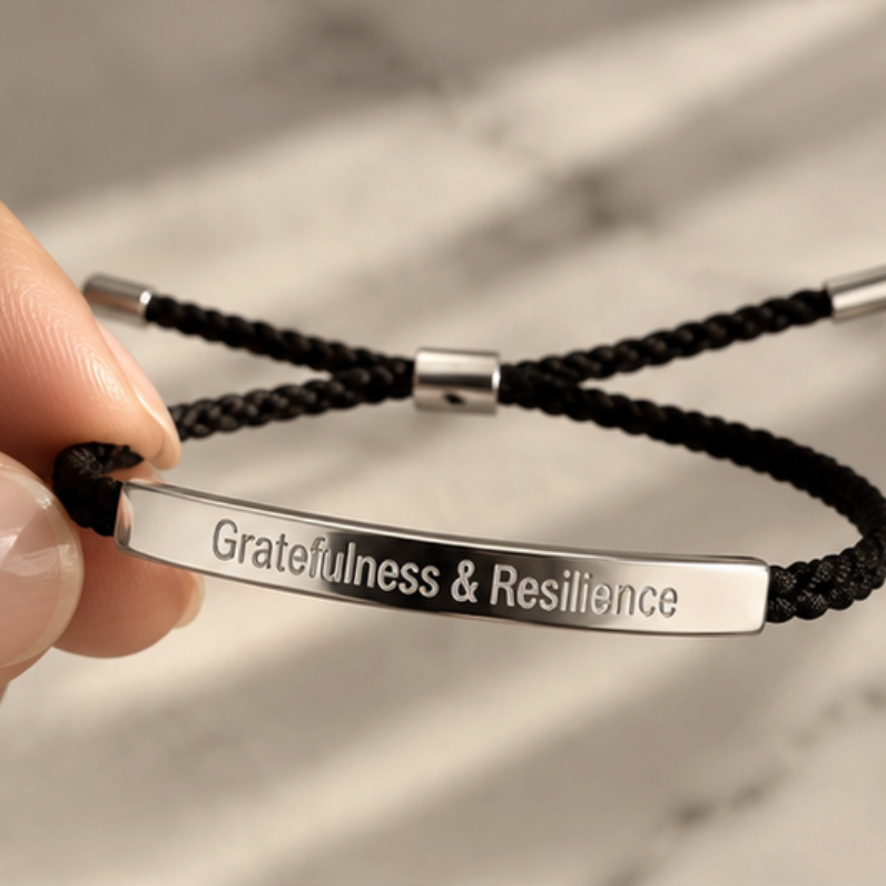 Hand holding a black cord bracelet with a silver Gratefulness and Resilience bar - Let's Jam jewellery, Camden Town