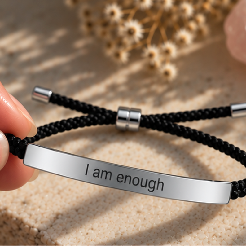 Black cord bracelet with a silver I Am Enough plate on a beige surface - Let's Jam, Camden Market