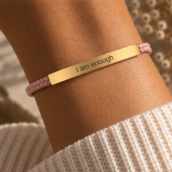 Pink cord bracelet with a gold I Am Enough bar worn on the wrist - Let's Jam jewellery, Camden Market
