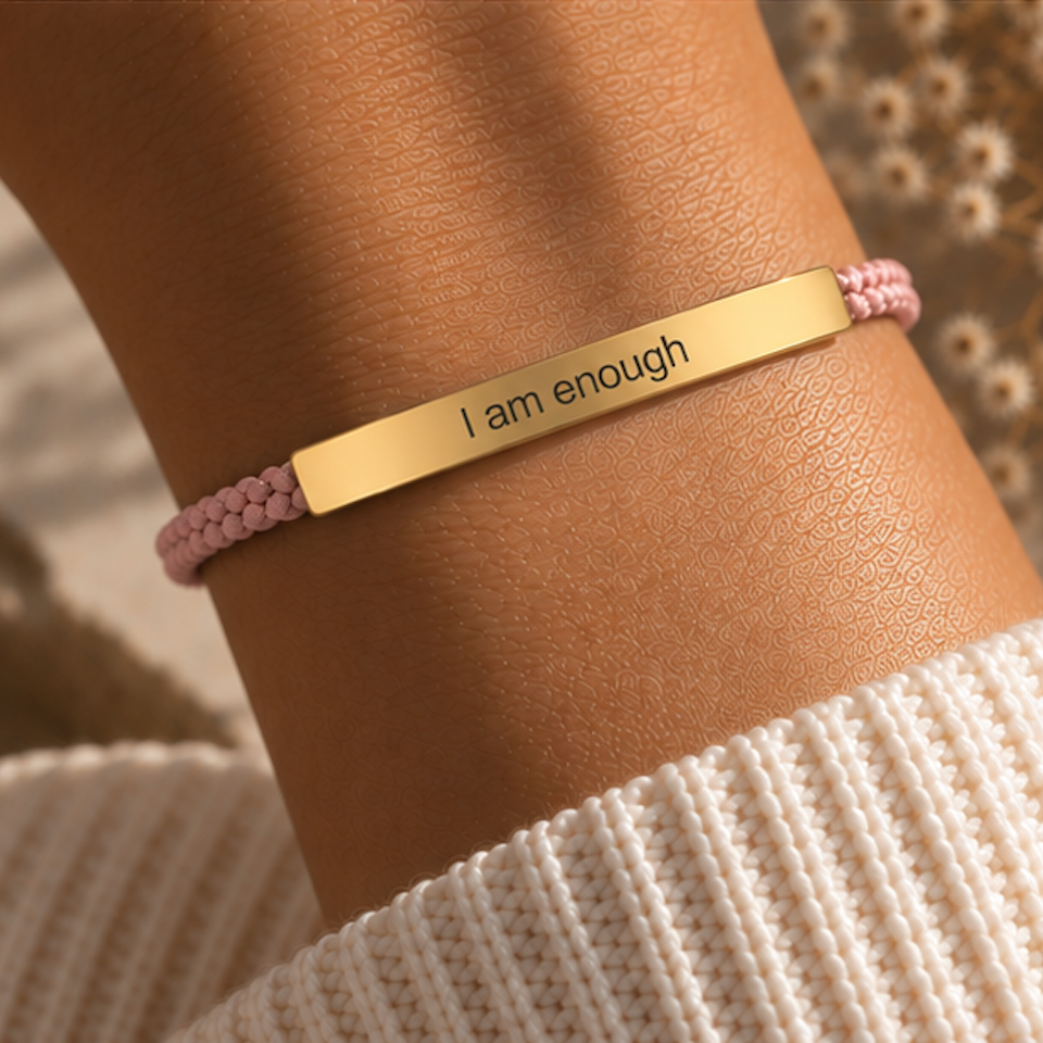 Pink cord bracelet with a gold I Am Enough bar worn on the wrist - Let's Jam jewellery, Camden Market