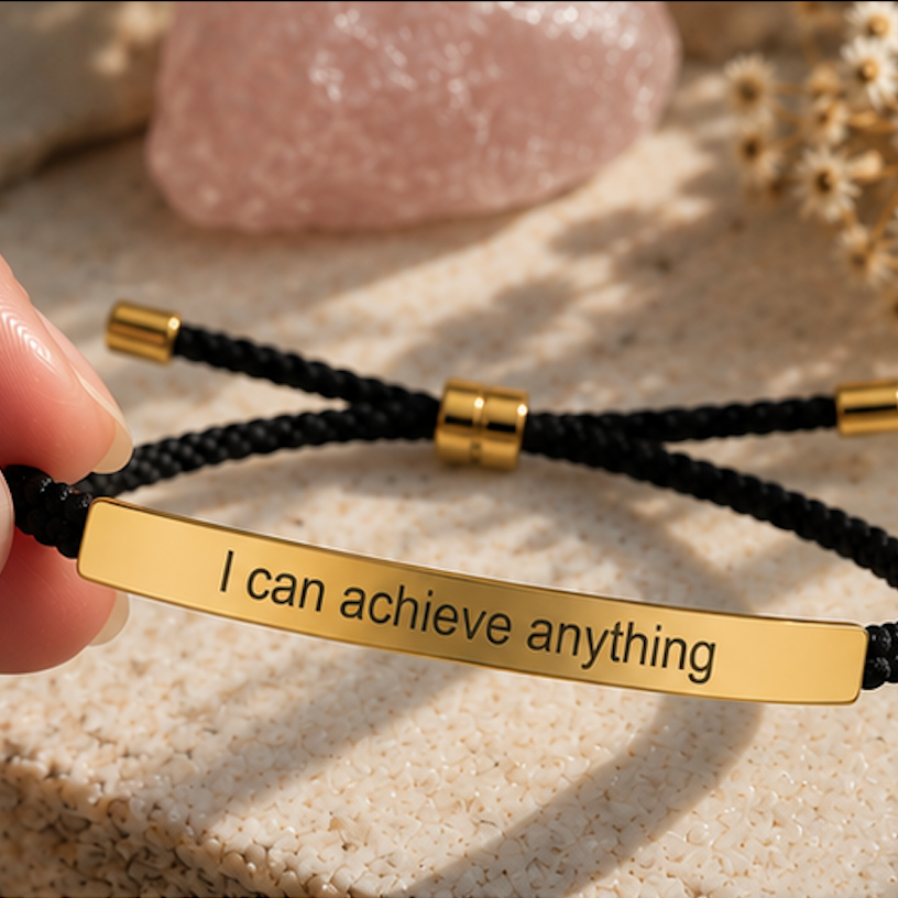 Black cord bracelet with a gold engraved plate and sliding beads - Let's Jam, Camden Market London