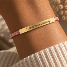 Load image into Gallery viewer, Pink braided cord bracelet with a gold engraved I Can Achieve Anything plate - Let's Jam, Camden Town

