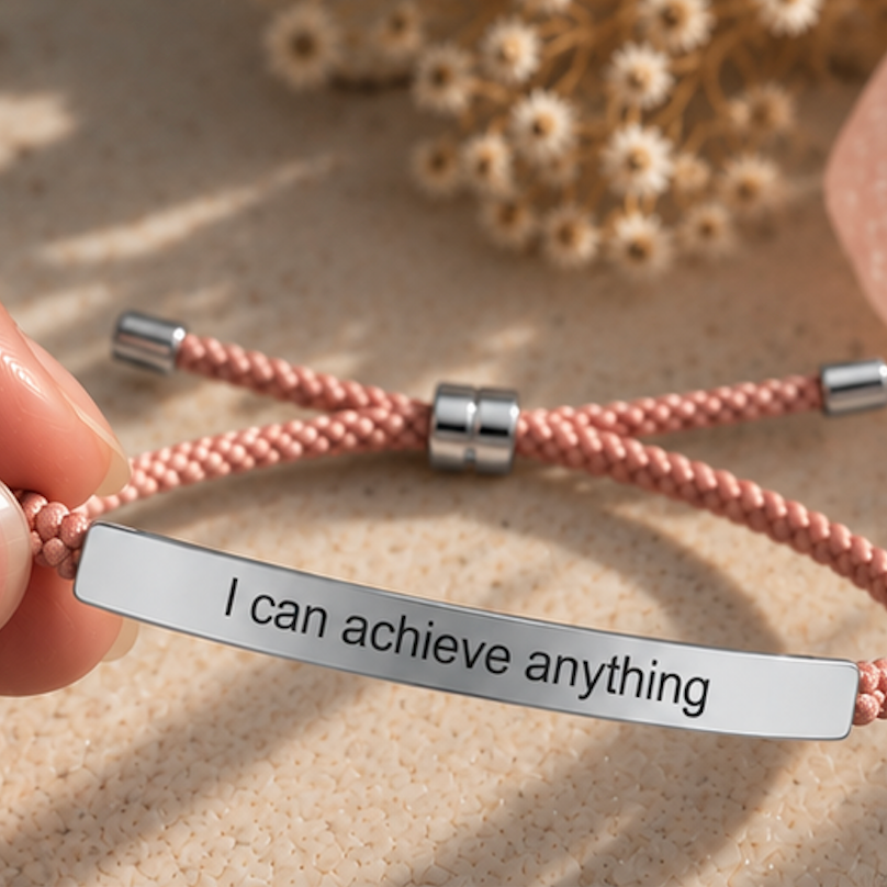 Hand holding a pink cord bracelet with a silver engraved bar - Let's Jam jewellery, Camden Market London