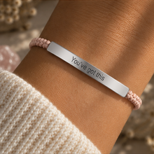 Load image into Gallery viewer, Pink cord bracelet with a silver You've Got This bar worn on the wrist - Let's Jam, Camden Town
