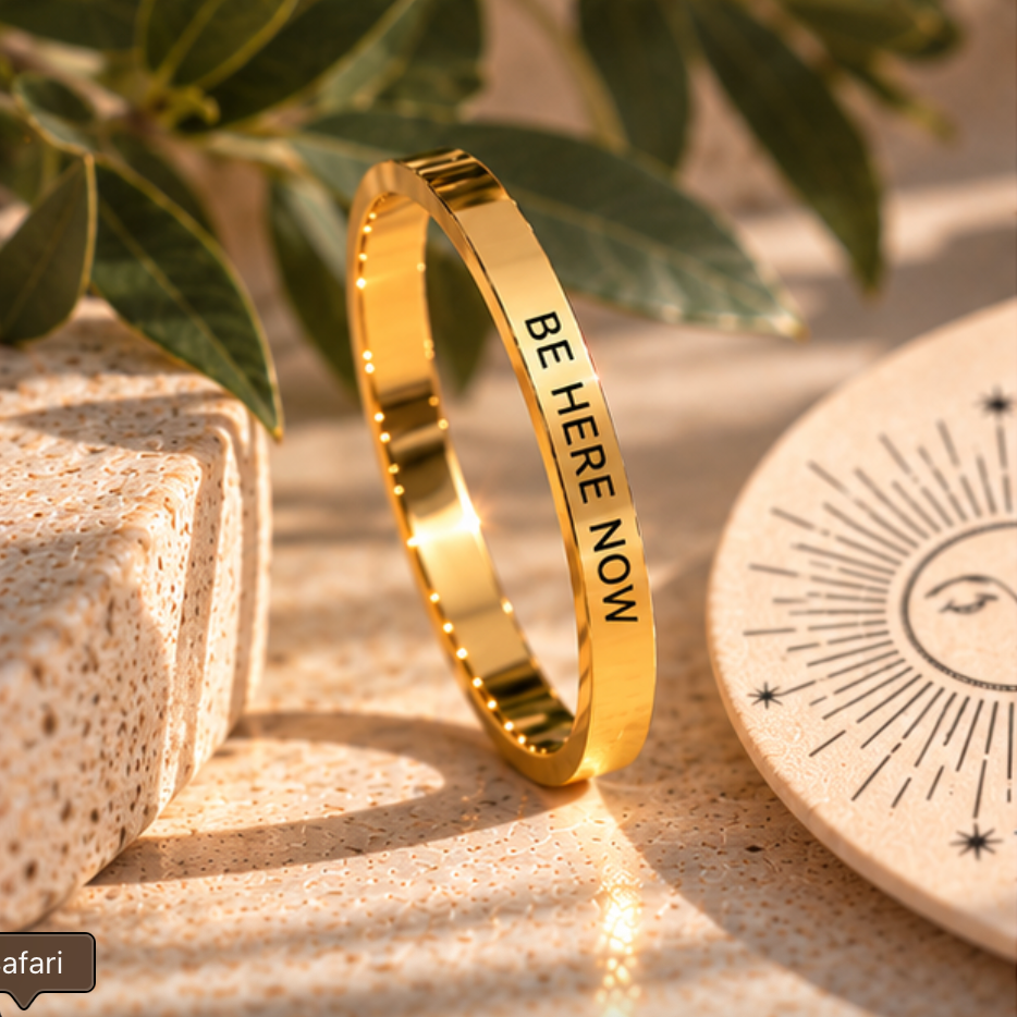 Gold 'Be here now' ring on a beige surface with decorative leaves - Let's Jam jewellery, Camden Market
