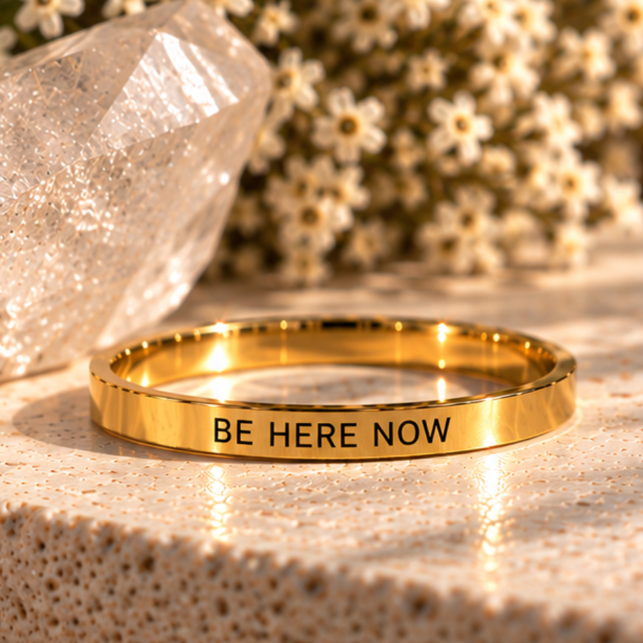 Gold affirmation ring engraved 'Be here now' with a crystal and white flowers - Let's Jam, Camden Town