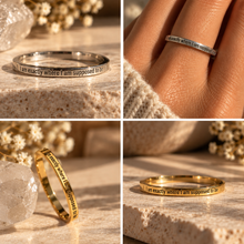 Load image into Gallery viewer, Four views of the 'I am exactly where I am supposed to be' affirmation ring in silver and gold - Let's Jam, Camden Market

