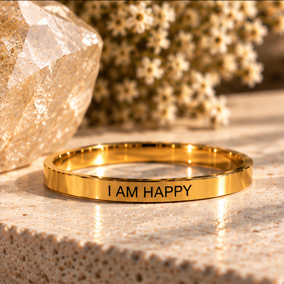 Gold affirmation ring engraved 'I am happy' with sunlit dried flowers - Let's Jam, Camden Market London