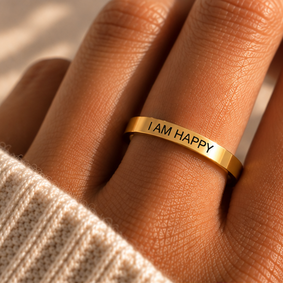 Hand wearing the slim gold 'I am happy' affirmation ring - Let's Jam jewellery, Camden Market London