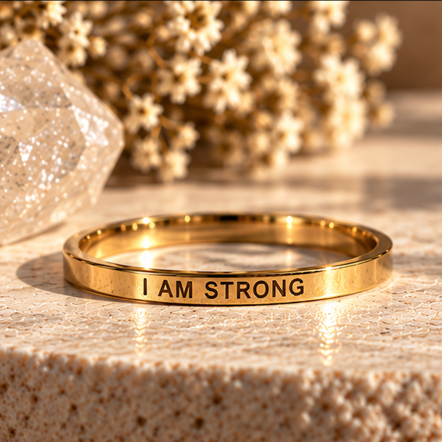 Gold affirmation ring engraved 'I am strong' on a stone surface - Let's Jam, Camden Market London