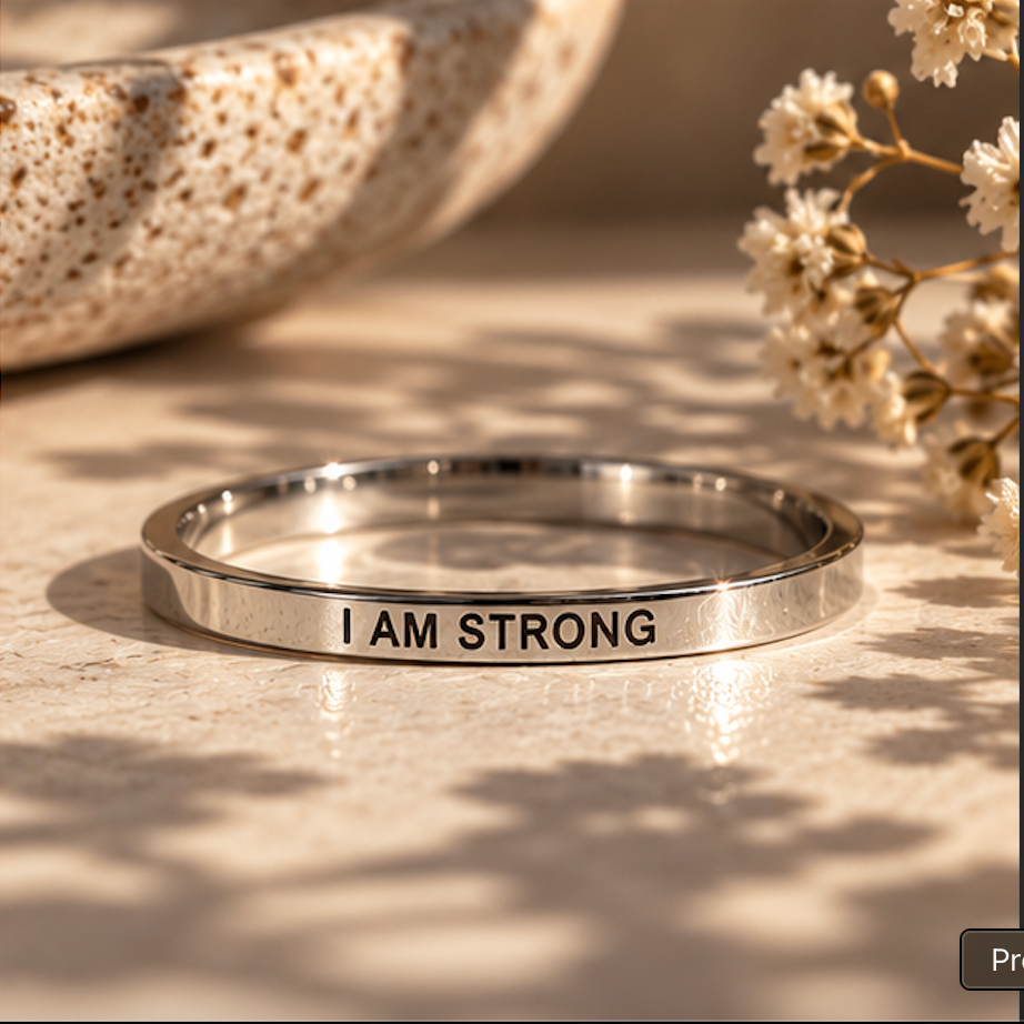 Silver affirmation ring engraved 'I am strong' with dried flowers - Let's Jam jewellery, Camden Market