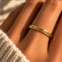 Load image into Gallery viewer, Hand wearing the gold 'I can achieve anything' affirmation ring - Let's Jam jewellery, Camden Market
