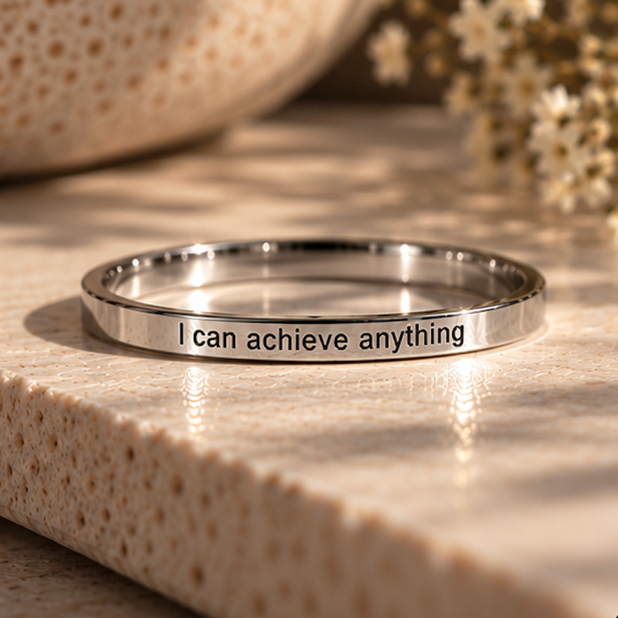 Silver affirmation ring engraved 'I can achieve anything' in dappled sunlight - Let's Jam, Camden Market London
