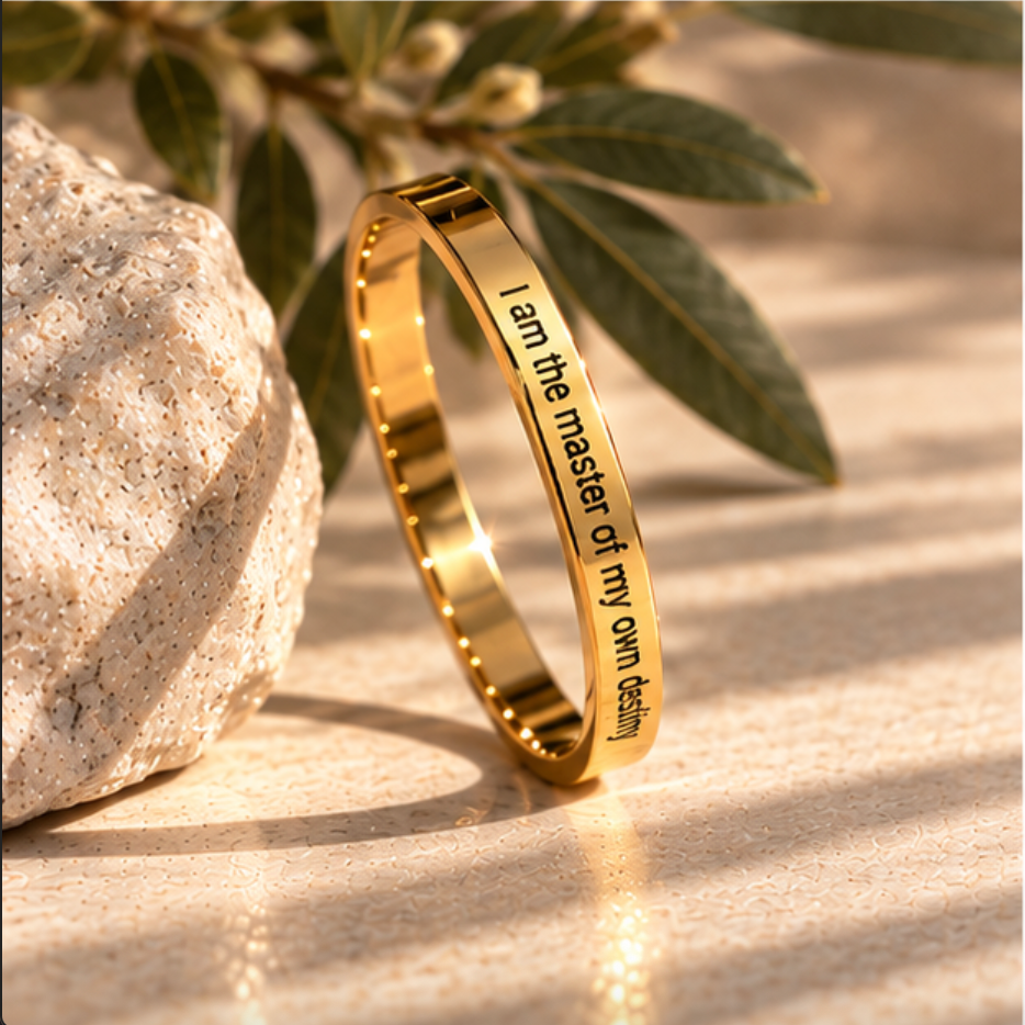 Gold affirmation ring styled with a stone and green leaves in warm sunlight - Let's Jam, Camden Market