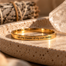 Load image into Gallery viewer, Gold affirmation ring engraved 'I am the master of my own destiny' - Let's Jam, Camden Market London
