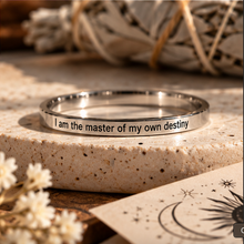Load image into Gallery viewer, Silver 'I am the master of my own destiny' ring styled with boho props - Let's Jam jewellery, Camden Market
