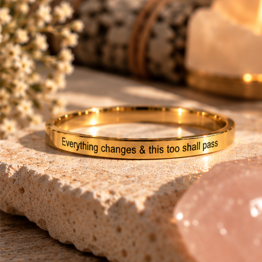 Gold affirmation ring engraved 'Everything changes & this too shall pass' - Let's Jam, Camden Market London