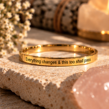 Load image into Gallery viewer, Gold affirmation ring engraved 'Everything changes &amp; this too shall pass' - Let's Jam, Camden Market London
