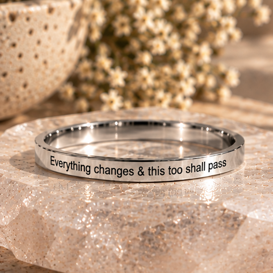 Silver affirmation ring engraved 'Everything changes & this too shall pass' - Let's Jam, Camden Market London