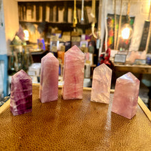 Load image into Gallery viewer, All five amethyst towers photographed together on the shop counter - Let's Jam, Camden Town
