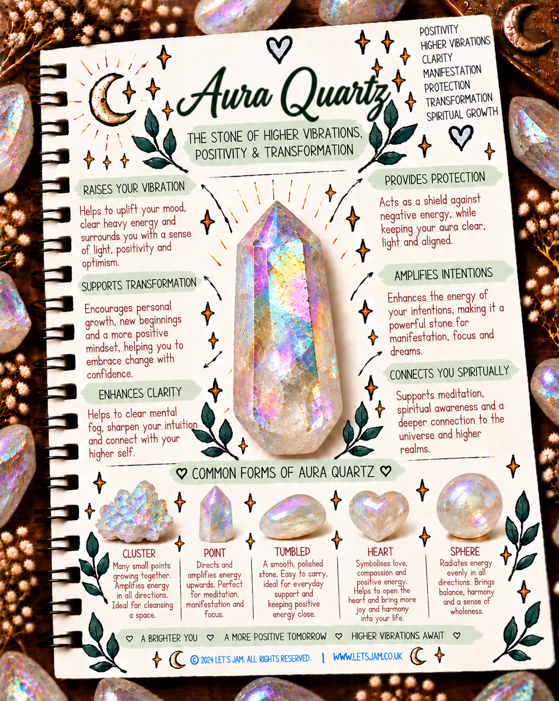 Aura quartz crystal meaning infographic, the stone of higher vibrations, positivity & transformation - Let's Jam, Camden Town
