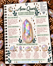 Load image into Gallery viewer, Aura quartz crystal meaning infographic, the stone of higher vibrations, positivity &amp; transformation - Let's Jam, Camden Town
