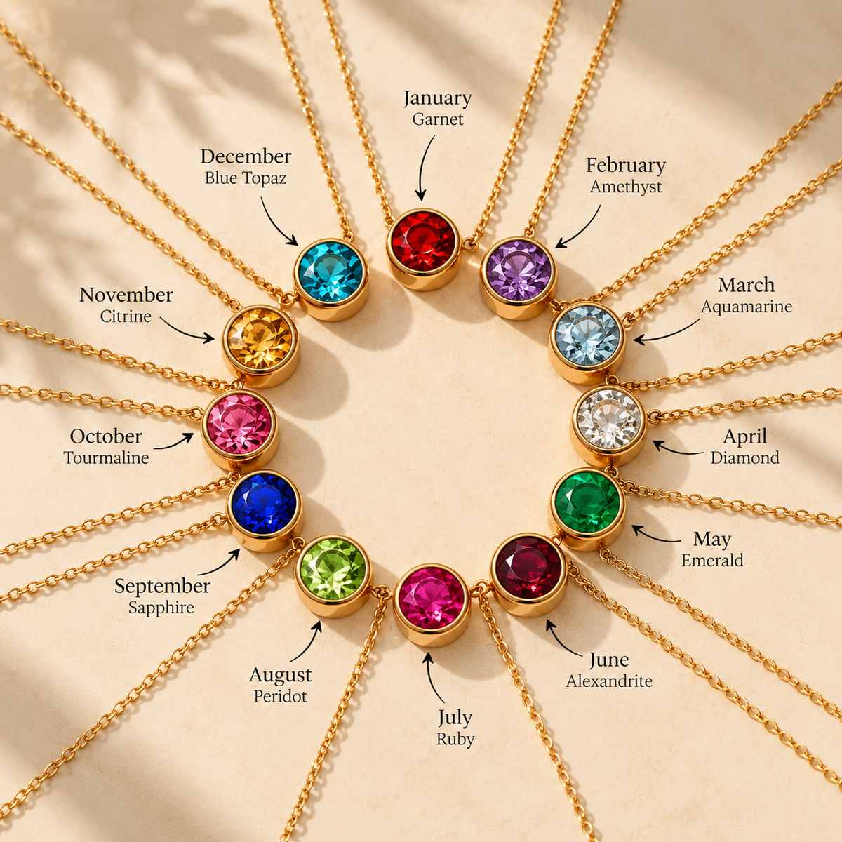 Gold birthstone necklaces for all 12 months, January Garnet to December Blue Topaz - Let's Jam, Camden Market