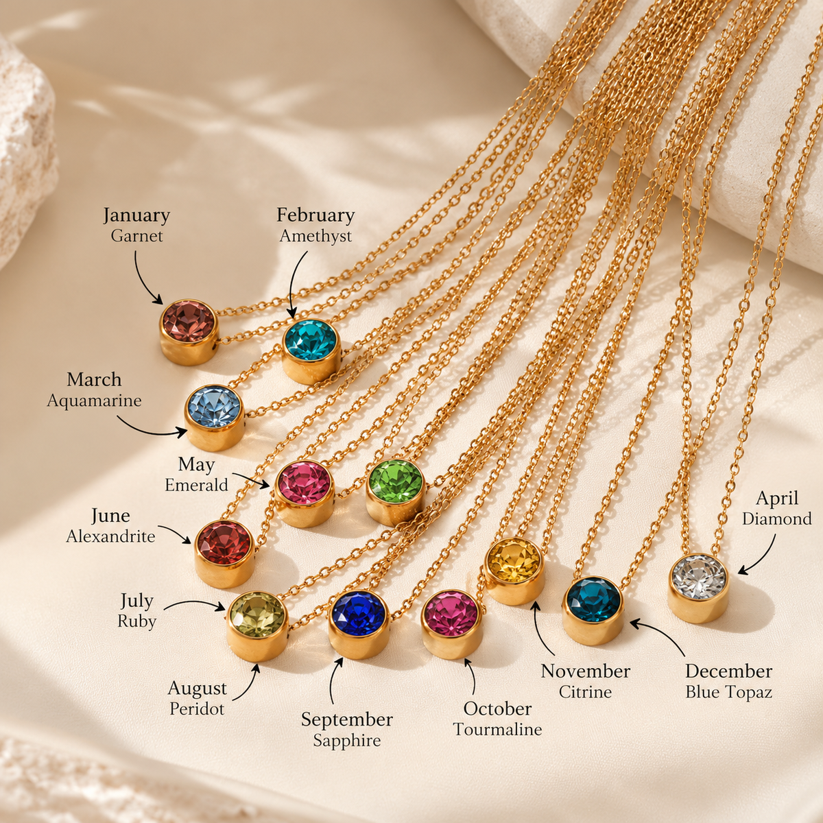 Gold birthstone necklace chart with the 12 month stones - Let's Jam, Camden Market, London