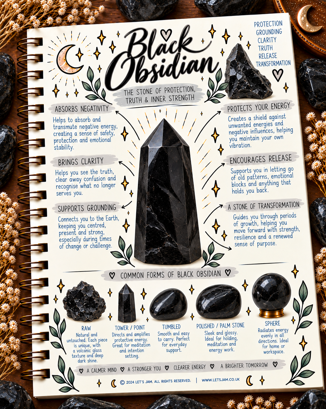 Black obsidian crystal meaning infographic, the stone of protection, truth & inner strength - Let's Jam, Camden Market, London