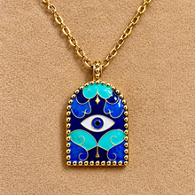 Load image into Gallery viewer, Blue and turquoise third eye arch pendant on a gold chain - Let's Jam jewellery, Camden Market, London
